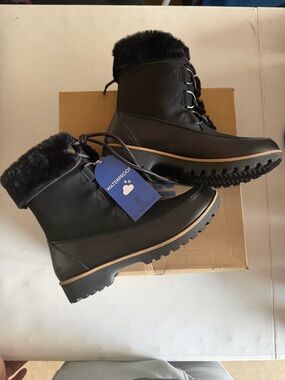 JBU Women's Black Winter Lace-Up Waterproof Boots with Faux-Fur Collar